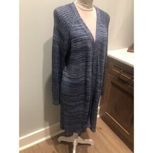 Chico’s Cassia Metallic Sparkle Denim Blue Knit Duster Cardigan Sz 2 L